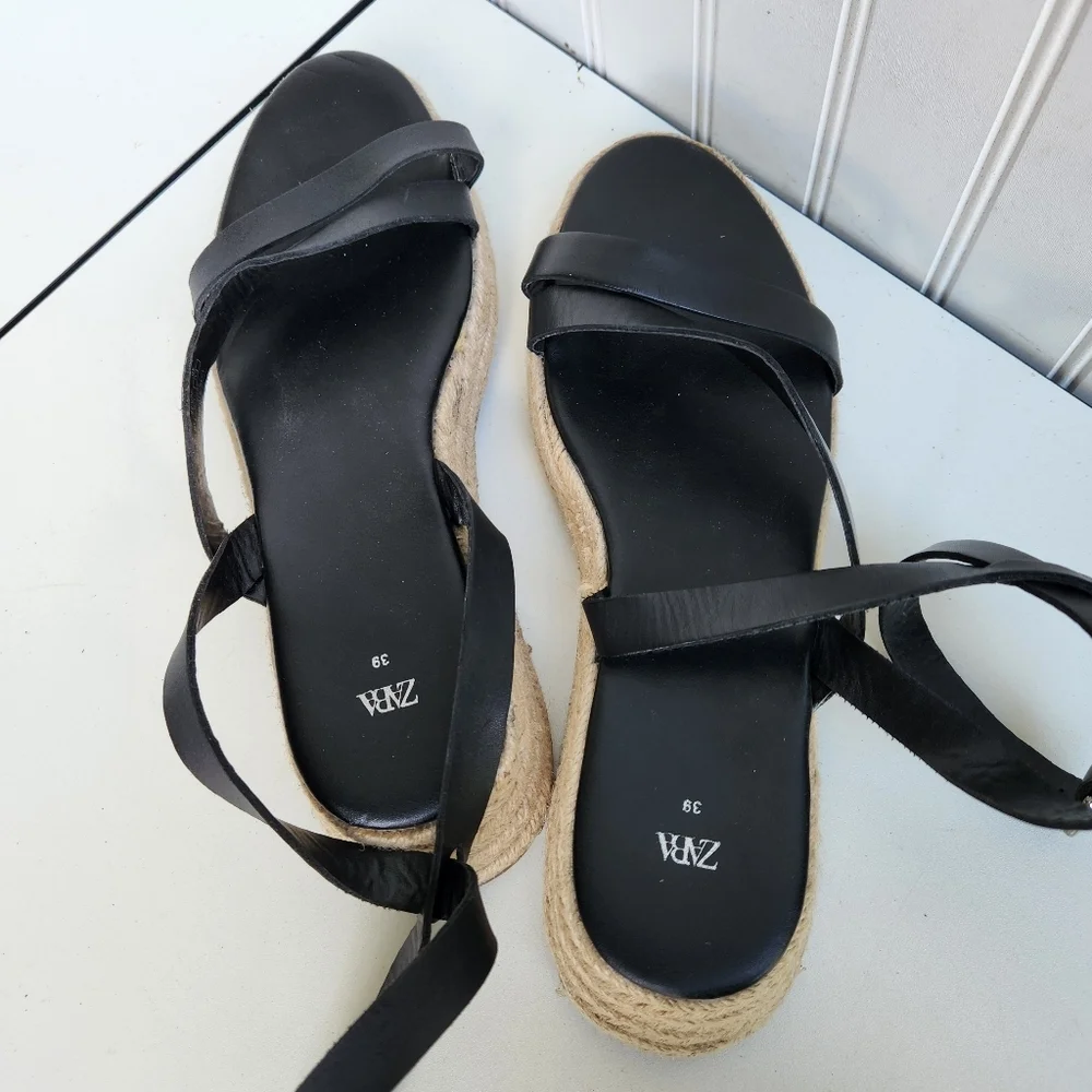 Zara Abierto Tac Heel Black Leather Espadrille Sandal size 38 US 8